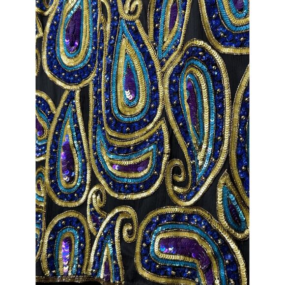 Vintage 80s Silk Beaded Sequin Dress Black Gold Blue Paisley Cocktail Party 2X - Picture 4 of 14